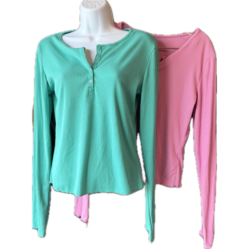 Dazy Ribbed Henley Tops Womens XL Green Pink Long Sleeve Stretch Bundle Of Two